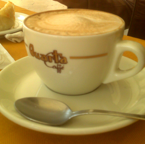 cappuccino Cappucino. Delicious. Apparently they won't serve cappucino after noon. I was tempted to just order espresso and steamed milk. They have lots of rules. Pizza only at night...Rough life. Liters of wine for 6 dollars. Ah. Italia.