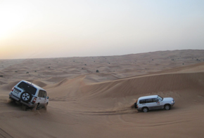 trucksindunes An activity that Eric and I knew we had to try was dune bashing. I wasn't exactly sure what this was going to involve until I climbed into our toyota 4 runner that had roll cages covering the inside of the car. We drove about an hour to the desert. A large pack of four runners began the dunes together speeding off through the sand (these are some of the largest dunes in the world).