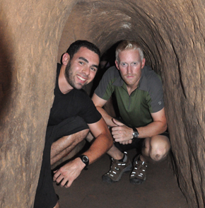 e_intunnel The tour also had great replicas of the tourture devices and booby traps that were covering the fields. We had the opportunity to crawl through the small tunnels with barley any light just like the Vietnamese did during the war. This made me realize that being clostrophibic was not an option for these soilders. I on the other hand could not stand being in the tunnel and took the first exit out while some of our group continued deeper into the tunnels.